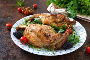 Baked rabbit with prunes. Diet menu. Proper nutrition.