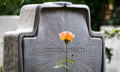 Unvergessen - Grabstein mit Rose 