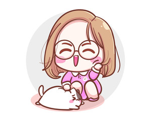 Character of cute girl play with little cat isolated on white background and lovely kitten concept.