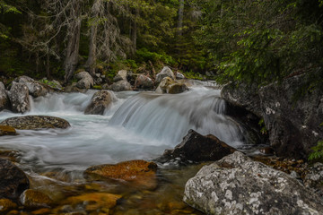 Fototapeta premium Waterfall flows down the stones. Trekking through the mountains along the waterfalls. High Tatras (High Tatras, High Tatras, Magas-Tatras)