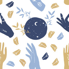 Vector colors seamless pattern of mystic henna hands.and flower, moon. Great for fabric, wrapping paper and card. Aztec stile, ethnic collection, design  isolated on white background.