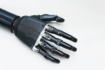 Bionic carbon fiber arm on a white background