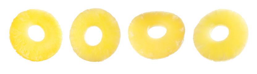 Canned pineapple rings flying on white background, banner design