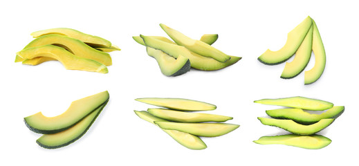 Set of avocado slices on white background, banner design