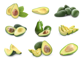 Set of cut and whole avocados on white background