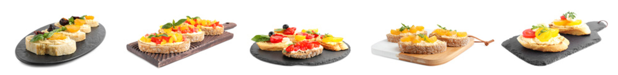 Set of different bruschettas on white background, banner design