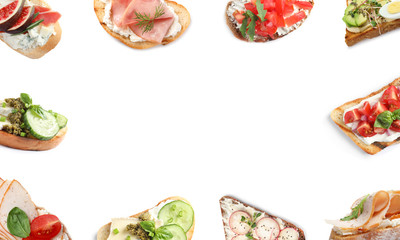 Frame of different tasty bruschettas on white background