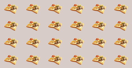 Pattern of bruschetta with mushrooms and cheese on pale pink background, banner design