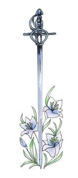 An antique sword with a patterned hilt. Watercolor illustration.  A sword woven into white lilies, isolated on a white background.