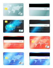 Set of modern credit cards on white background, front and back views