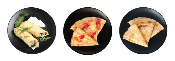 Set of tasty thin pancakes on white background, top view. Banner design