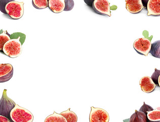 Frame of ripe figs on white background