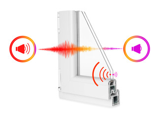 Window profile sample and illustrations on white background demonstrating noise cancelling effect