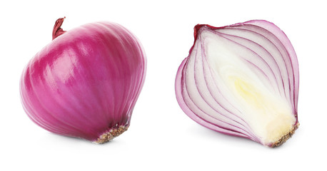 Cut and whole red onion on white background. Banner design