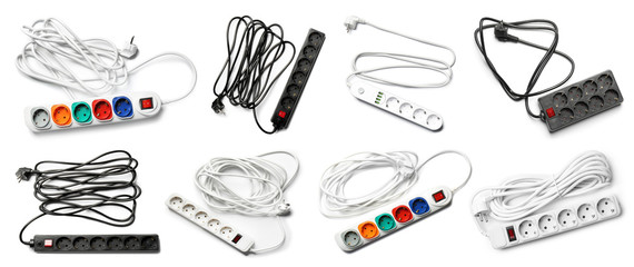 Set of different power boards on white background, top view. Electrician's equipment, banner design