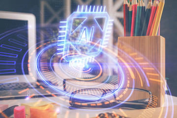 Data tech hologram with glasses on the table background. Concept of technology. Double exposure.