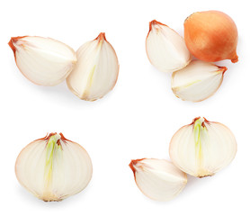 Set of yellow cut and whole onion on white background, top view