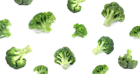 Pattern of fresh green broccoli on white background, banner design