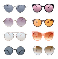 Collage with different stylish sunglasses on white background