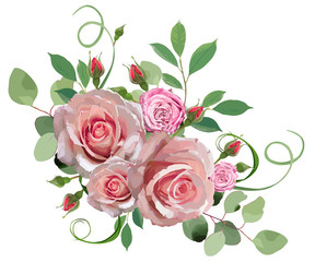 Beautiful bouquet with roses illustration on white background. Stylish design