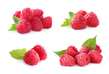 Set of fresh ripe raspberries with green leaves on white background