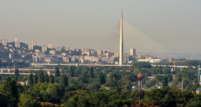 Belgrade cityscape and Ada bridge over Sava river in Belgrade, Serbia
