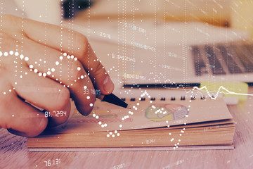 Writing human hands with data theme multi exposure icons.