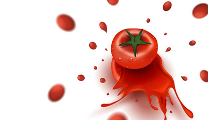 Sliced tomato and tomato splashing on background