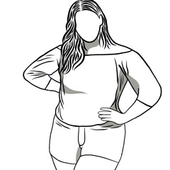 Body positive concept.Woman plus size.Confident obese women on over white background.Line drawing of cartoon character with illustration in flat design.