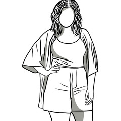 Body positive concept.Woman plus size.Confident obese women on over white background.Line drawing of cartoon character with illustration in flat design.