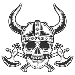Viking skull with horned helmet and crossed axes in vintage monochrome style isolated vector illustration