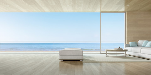 3d render of large window, Modern living room with wooden floor and sofa set on sea background.