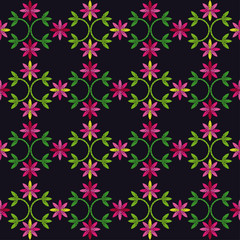 Seamless pattern with decorative flowers. Pink flowers on a black background. Design with manual hatching. Ethnic boho ornament. Textile. Vector illustration for web design or print.