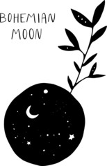 Bohemian moon phrases and mystic moon, flower Vector illustration. Great for fabric, wrapping paper. Aztec stile, tribal art, ethnic collection, design isolated on white background.