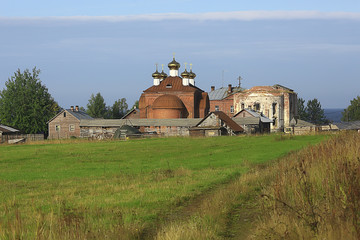 Monastery Murom on Lake Onega, Russia, building church, landscape in summer