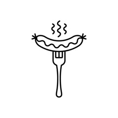 Fork with sausage, vector linear icon.