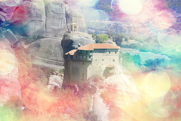 Meteora greece monastery landscape, orthodox monastery in the mountains, christianity, faith view