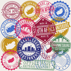 Obraz premium Johannesburg South Africa Set of Stamps. Travel Stamp. Made In Product. Design Seals Old Style Insignia.