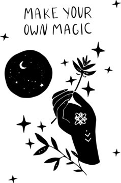 Vector black mystic henna mudra hands, flower, moon, stars and phrases. Great for art design, poster, greeting card, printing. Aztec stile, ethnic collection, design isolated on white background.