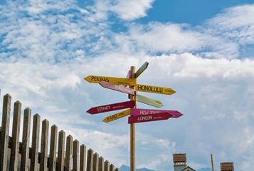 Wooden pole guidepost with multiple destinations of the world with its distances and directions. Thun, Switzerland
