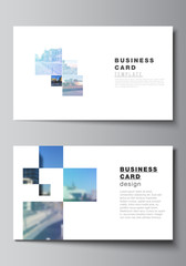 Fototapeta premium Vector layout of two creative business cards design templates, horizontal template vector design. Abstract design project in geometric style with blue squares.