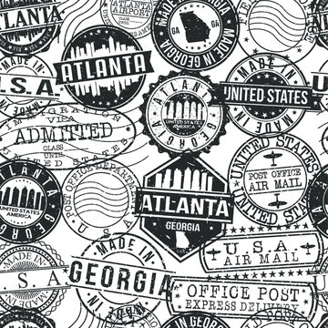 Atlanta Georgia Stamp Vector Art Postal Passport Travel Design Set Pattern Wrap.