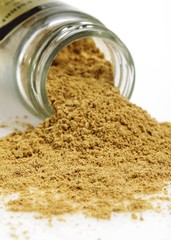 Ginger Powder, zingiber officinale against White Background