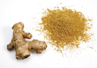 Ginger Powder and Root, zingiber officinale against White Background
