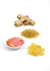 Ginger Powder, Root, Marinated and Crystallised, zingiber officinale against White Background