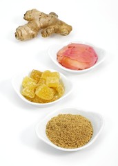 Ginger Powder, Root, Marinated and Crystallised, zingiber officinale against White Background