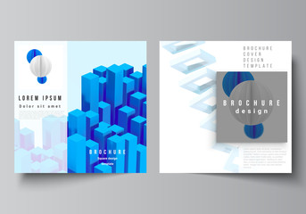 Vector layout of two square format covers templates for brochure, flyer, cover design, book design, brochure cover. 3d render vector composition with dynamic realistic geometric blue shapes in motion.