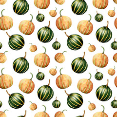 Watercolor hand painted seamless pattern with ripe orange and green pumpkins on white background. Perfect for creating unique fall or thanksgiving designs.