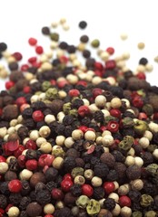 Five Peppercorns, peper nigrum against White Background
