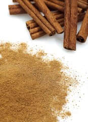 Cinnamon Bark and Powder, cinnamomum zeylanicum against White Background